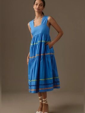 Anthropologie The Helena Square Neck Tiered Midi Dress Smocked Scallop Edition S